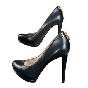 Michael Kors Hamilton Pumps Size 6M Black Leather Logo Charm Glam Platform Heels